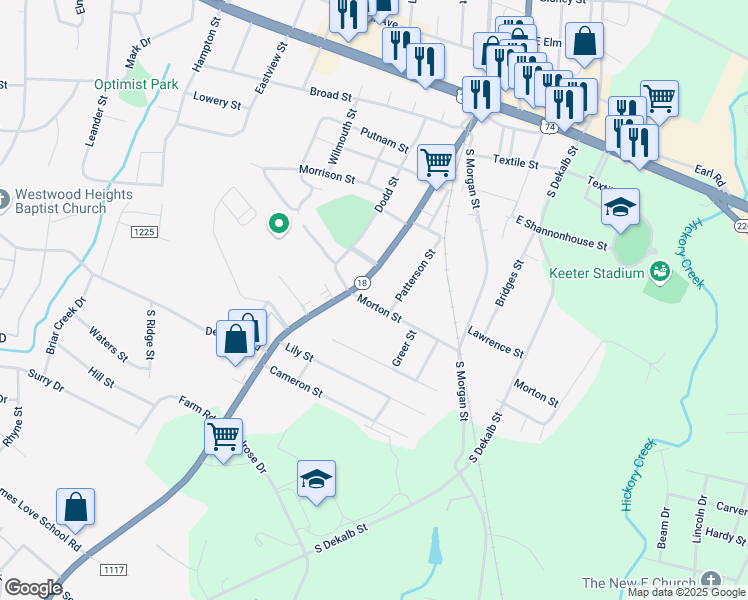 map of restaurants, bars, coffee shops, grocery stores, and more near 111 Morton Street in Shelby