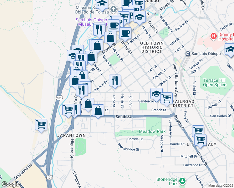 map of restaurants, bars, coffee shops, grocery stores, and more near 1618 Carmel Street in San Luis Obispo