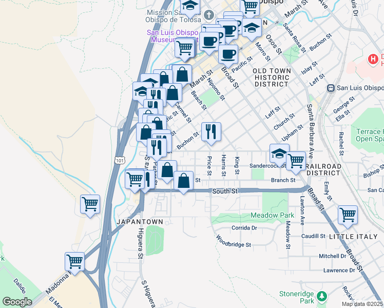 map of restaurants, bars, coffee shops, grocery stores, and more near 350 Islay Street in San Luis Obispo