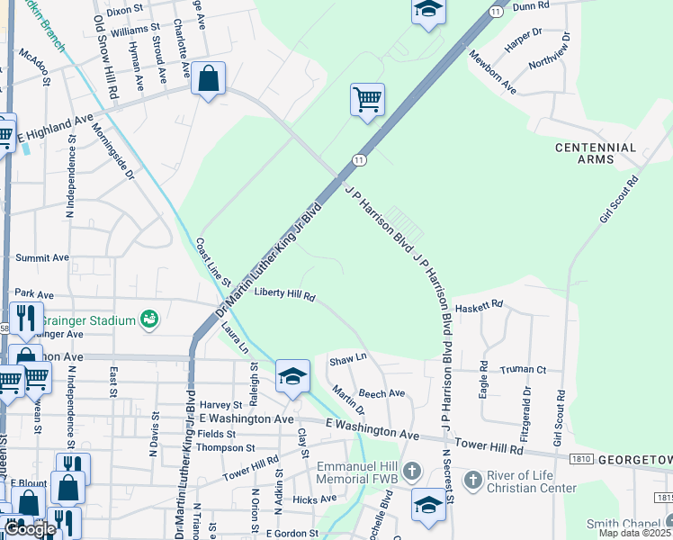 map of restaurants, bars, coffee shops, grocery stores, and more near 904 Savanah Lane in Kinston