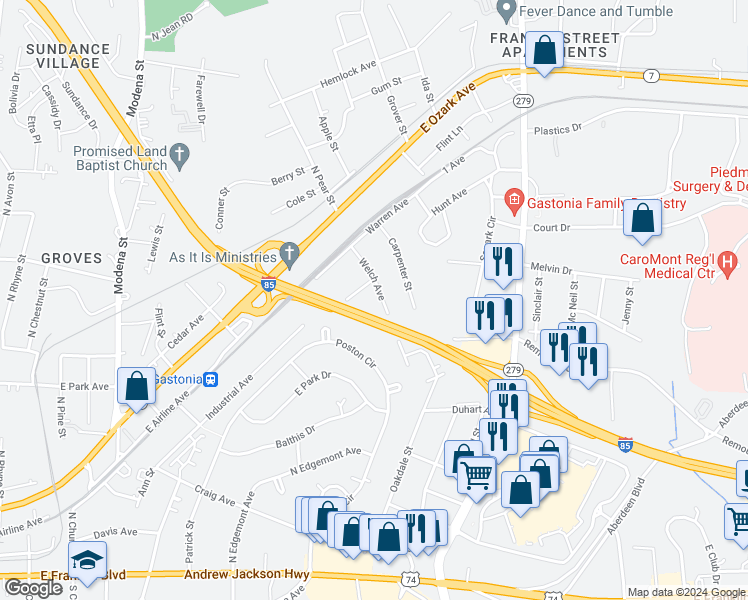 map of restaurants, bars, coffee shops, grocery stores, and more near 1618 Warren Avenue in Gastonia