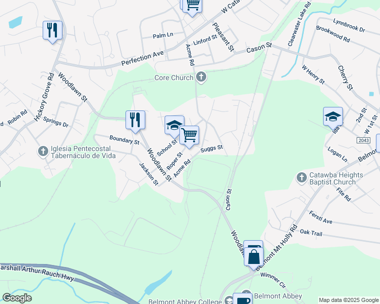 map of restaurants, bars, coffee shops, grocery stores, and more near 107 Roper Street in Belmont