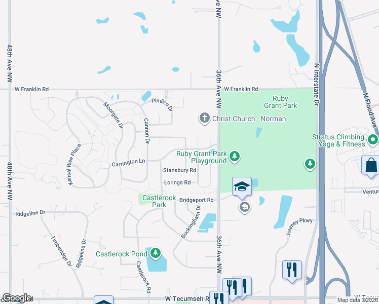 map of restaurants, bars, coffee shops, grocery stores, and more near 4401 Warrington Way in Norman