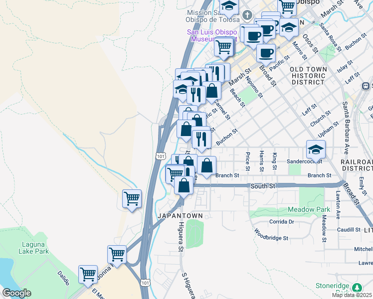 map of restaurants, bars, coffee shops, grocery stores, and more near 274 Higuera Street in San Luis Obispo