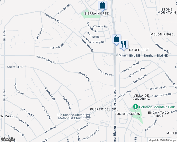 map of restaurants, bars, coffee shops, grocery stores, and more near 620 3rd Street Southwest in Rio Rancho