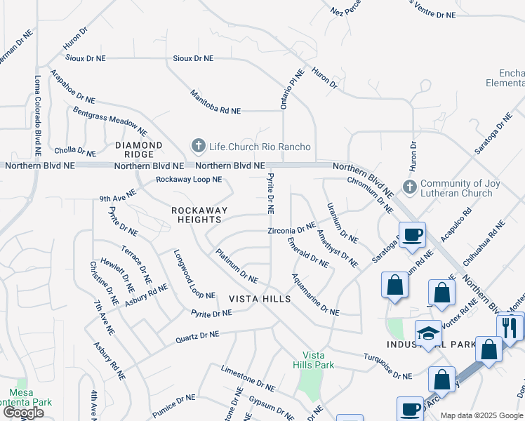 map of restaurants, bars, coffee shops, grocery stores, and more near 4556 Platinum Drive Northeast in Rio Rancho