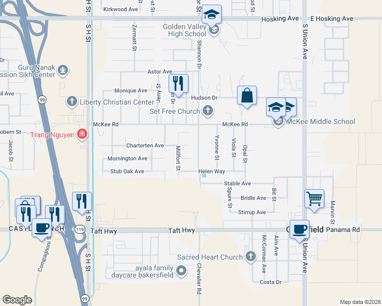 map of restaurants, bars, coffee shops, grocery stores, and more near 919 Charterten Avenue in Bakersfield