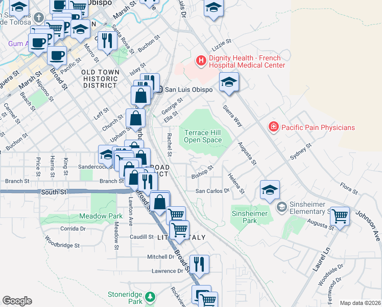 map of restaurants, bars, coffee shops, grocery stores, and more near 974 Rachel Court in San Luis Obispo