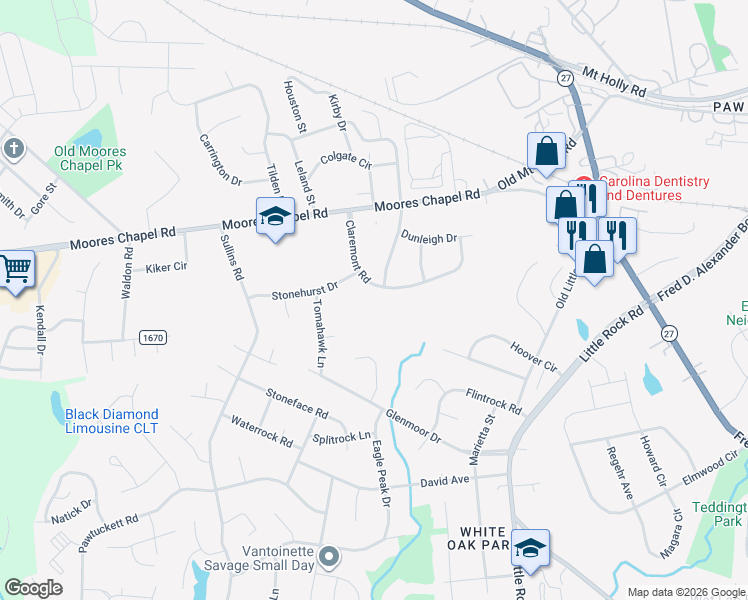 map of restaurants, bars, coffee shops, grocery stores, and more near 900 Claremont Road in Charlotte