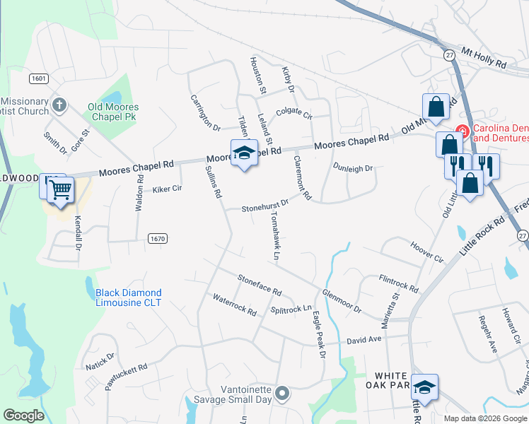 map of restaurants, bars, coffee shops, grocery stores, and more near 8534 Stonehurst Drive in Charlotte