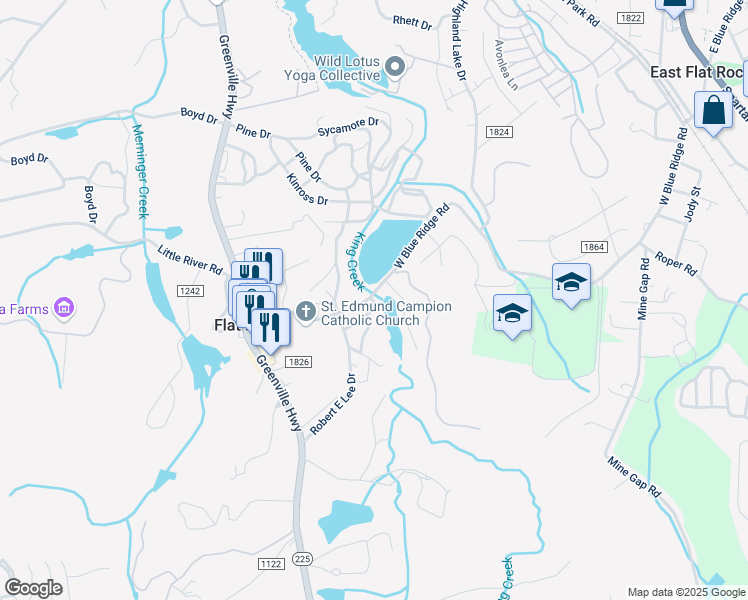 map of restaurants, bars, coffee shops, grocery stores, and more near 1150 West Blue Ridge Road in Flat Rock