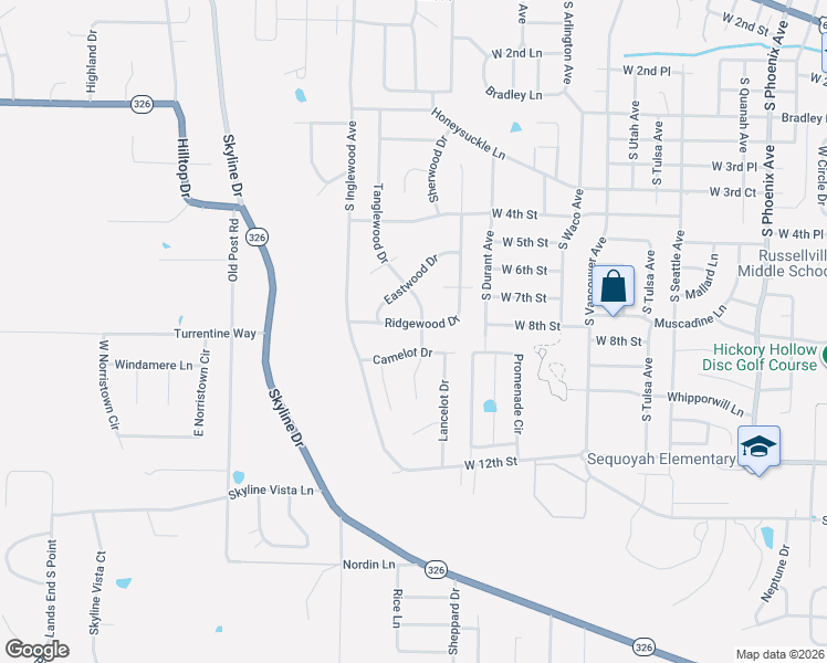 map of restaurants, bars, coffee shops, grocery stores, and more near 1001 Ridgewood Drive in Russellville