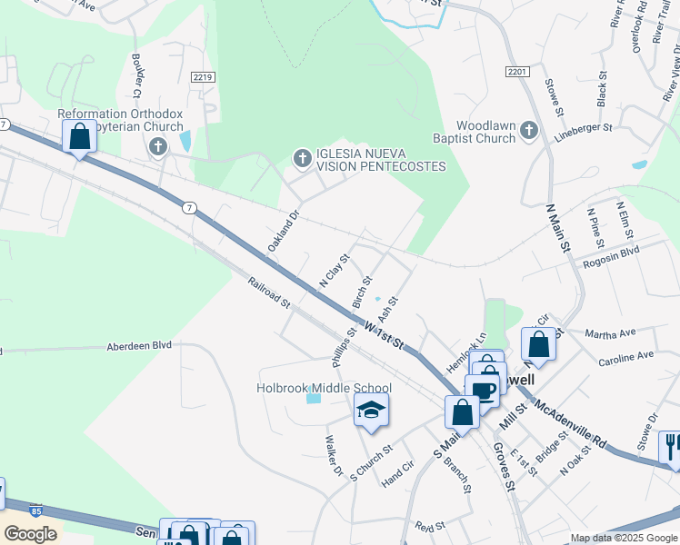 map of restaurants, bars, coffee shops, grocery stores, and more near 202 North Clay Street in Lowell