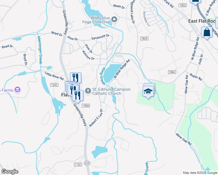 map of restaurants, bars, coffee shops, grocery stores, and more near 1150 West Blue Ridge Road in Flat Rock
