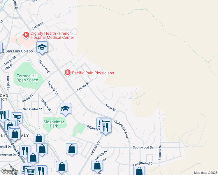 map of restaurants, bars, coffee shops, grocery stores, and more near 1680 Encino Court in San Luis Obispo