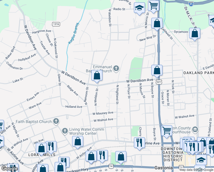map of restaurants, bars, coffee shops, grocery stores, and more near 819 West Davidson Avenue in Gastonia