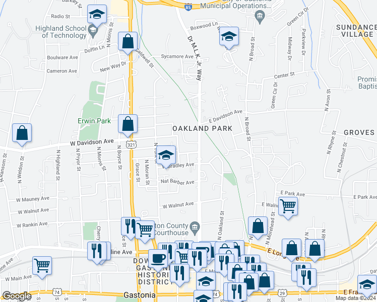 map of restaurants, bars, coffee shops, grocery stores, and more near 110 West Harrison Avenue in Gastonia