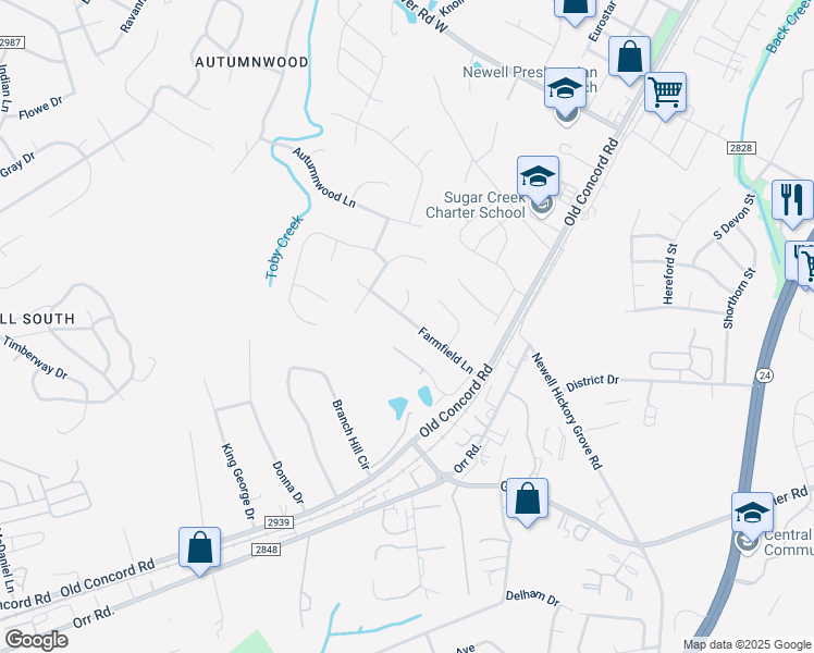 map of restaurants, bars, coffee shops, grocery stores, and more near 1206 Farmfield Lane in Charlotte