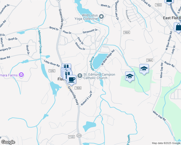 map of restaurants, bars, coffee shops, grocery stores, and more near 1151 West Blue Ridge Road in Flat Rock