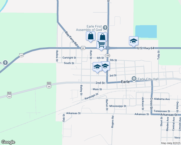 map of restaurants, bars, coffee shops, grocery stores, and more near 850 Ruth Street in Earle