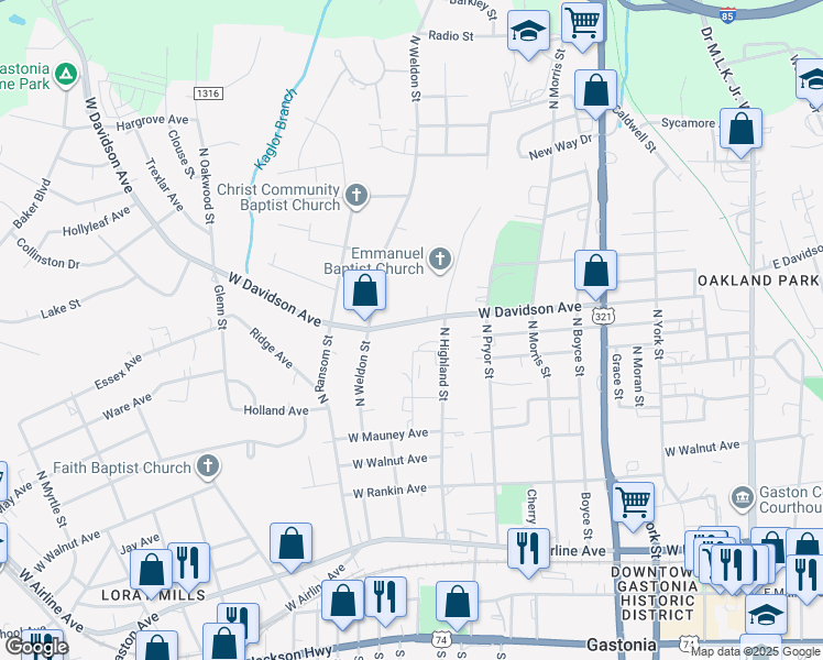 map of restaurants, bars, coffee shops, grocery stores, and more near 815 West Davidson Avenue in Gastonia