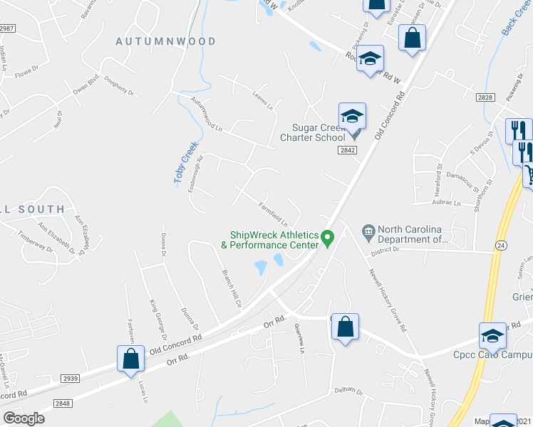 map of restaurants, bars, coffee shops, grocery stores, and more near 1200 Farmfield Lane in Charlotte
