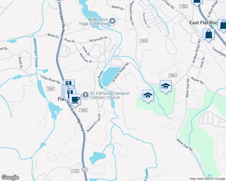map of restaurants, bars, coffee shops, grocery stores, and more near 1150 West Blue Ridge Road in Flat Rock
