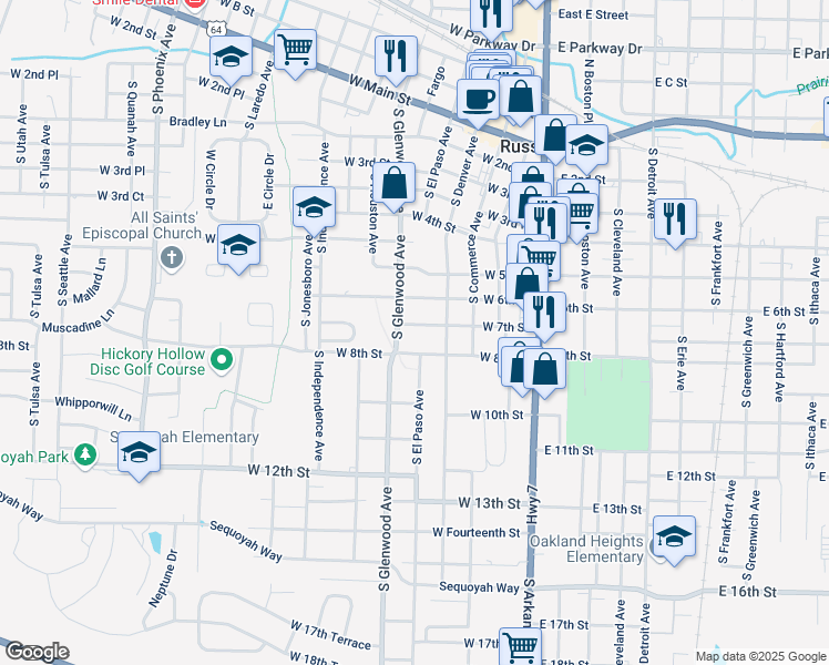 map of restaurants, bars, coffee shops, grocery stores, and more near 417 West 7th Street in Russellville