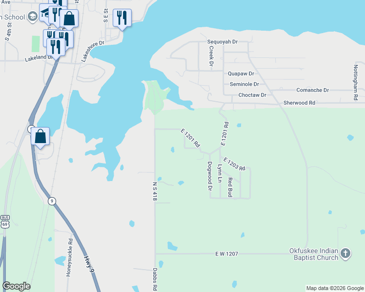 map of restaurants, bars, coffee shops, grocery stores, and more near 120254 South 4182 Road in Eufaula