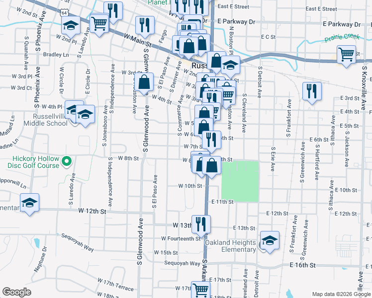 map of restaurants, bars, coffee shops, grocery stores, and more near 612 South Commerce Avenue in Russellville
