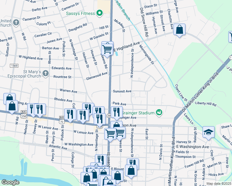 map of restaurants, bars, coffee shops, grocery stores, and more near 103 Summit Avenue in Kinston
