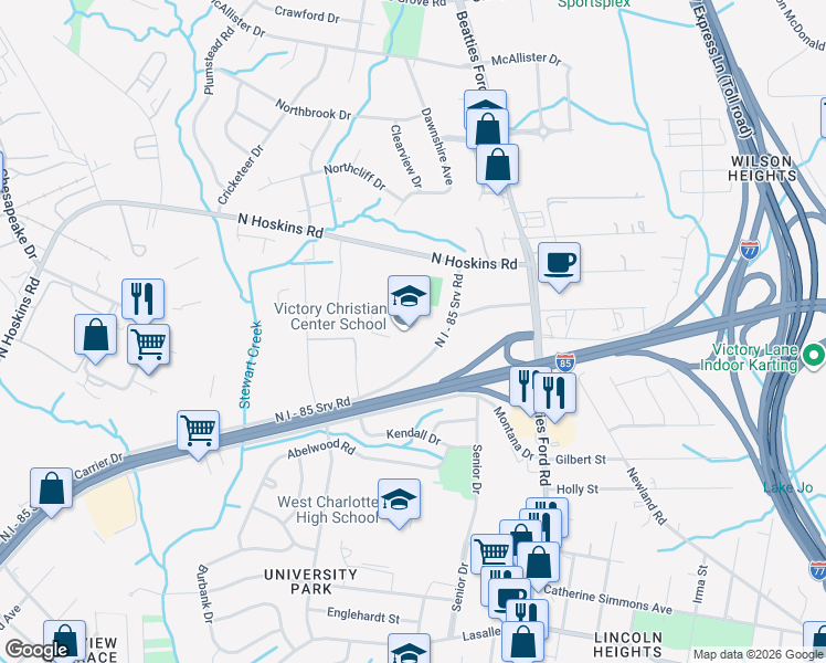 map of restaurants, bars, coffee shops, grocery stores, and more near 1501 Carrier Drive in Charlotte