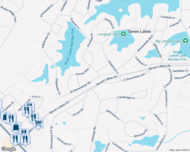 map of restaurants, bars, coffee shops, grocery stores, and more near 110 West Shenandoah Road in Seven Lakes