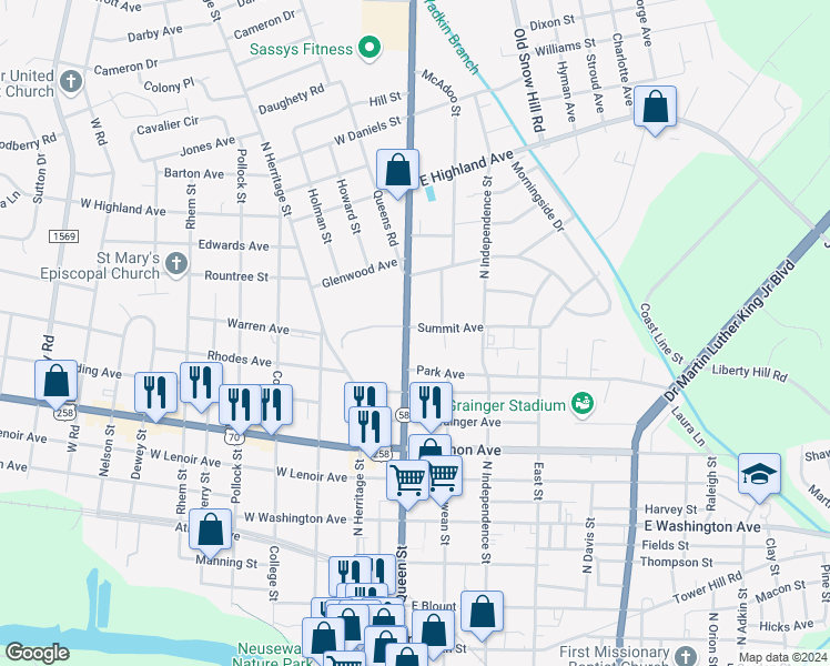map of restaurants, bars, coffee shops, grocery stores, and more near 1119 North Queen Street in Kinston