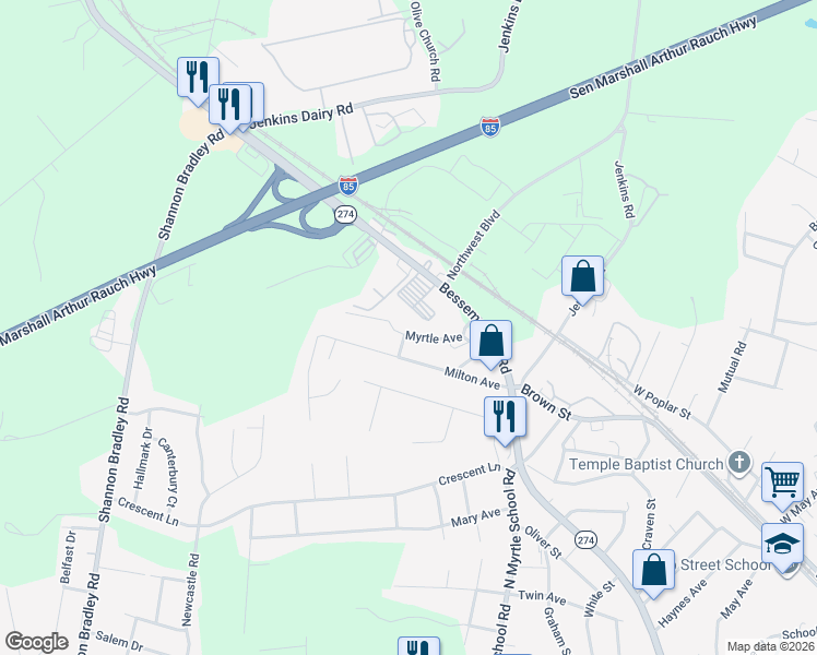 map of restaurants, bars, coffee shops, grocery stores, and more near 2360 Myrtle Avenue in Gastonia