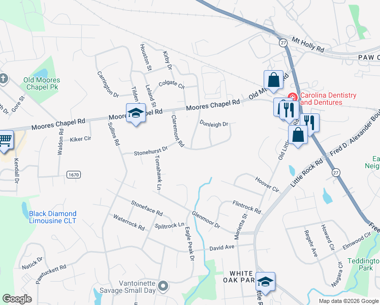 map of restaurants, bars, coffee shops, grocery stores, and more near 900 Claremont Road in Charlotte