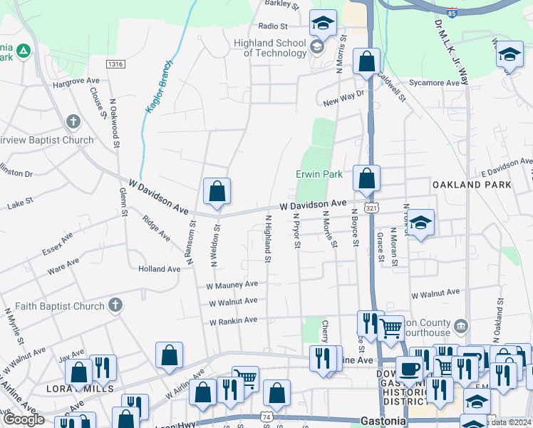 map of restaurants, bars, coffee shops, grocery stores, and more near 803 West Davidson Avenue in Gastonia