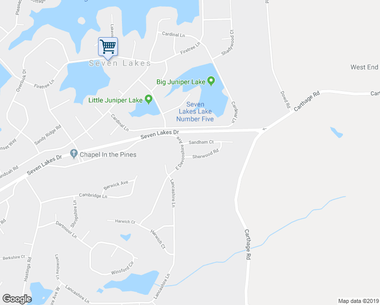 map of restaurants, bars, coffee shops, grocery stores, and more near 105 Sherwood Road in Seven Lakes