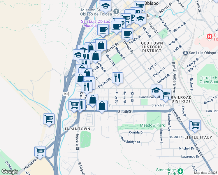 map of restaurants, bars, coffee shops, grocery stores, and more near 350 Islay Street in San Luis Obispo