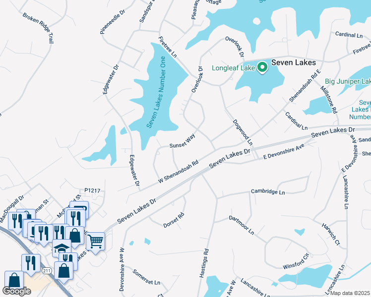 map of restaurants, bars, coffee shops, grocery stores, and more near 131 Sunset Way in Seven Lakes