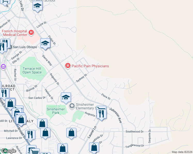 map of restaurants, bars, coffee shops, grocery stores, and more near 2606 El Cerrito Street in San Luis Obispo