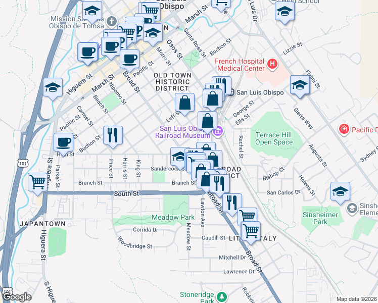 map of restaurants, bars, coffee shops, grocery stores, and more near 1922 Broad Street in San Luis Obispo