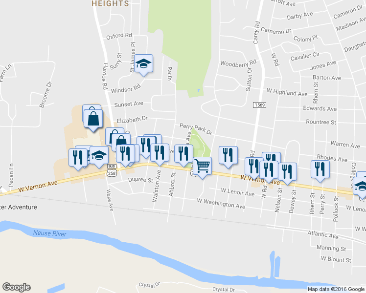 map of restaurants, bars, coffee shops, grocery stores, and more near 904 Carolina Avenue in Kinston