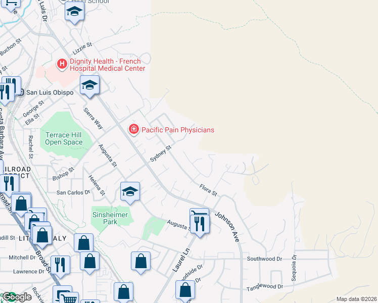 map of restaurants, bars, coffee shops, grocery stores, and more near 2606 El Cerrito Street in San Luis Obispo
