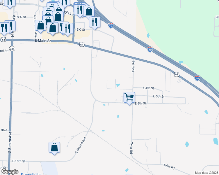 map of restaurants, bars, coffee shops, grocery stores, and more near 311 Harris Circle in Russellville