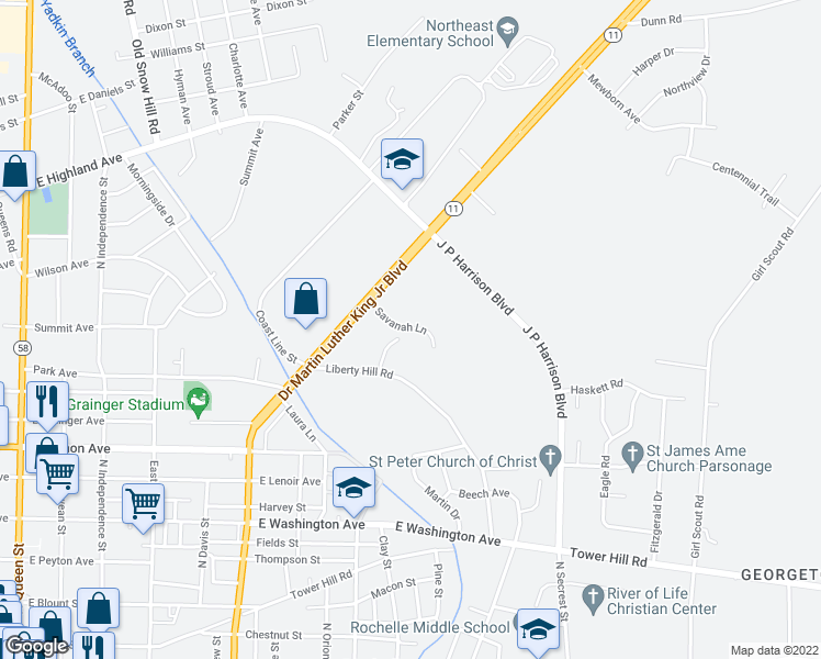 map of restaurants, bars, coffee shops, grocery stores, and more near 909 Savanah Lane in Kinston