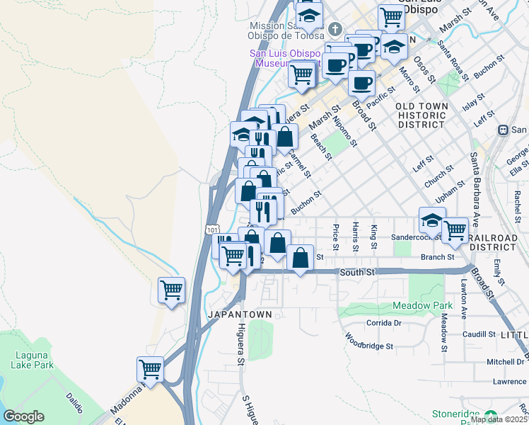 map of restaurants, bars, coffee shops, grocery stores, and more near 130 High Street in San Luis Obispo