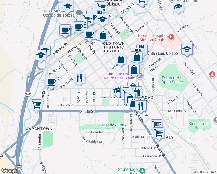 map of restaurants, bars, coffee shops, grocery stores, and more near 662 Upham Street in San Luis Obispo
