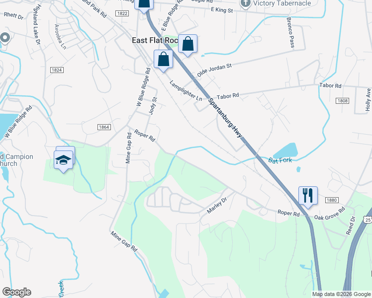 map of restaurants, bars, coffee shops, grocery stores, and more near 224 Roper Road in Flat Rock