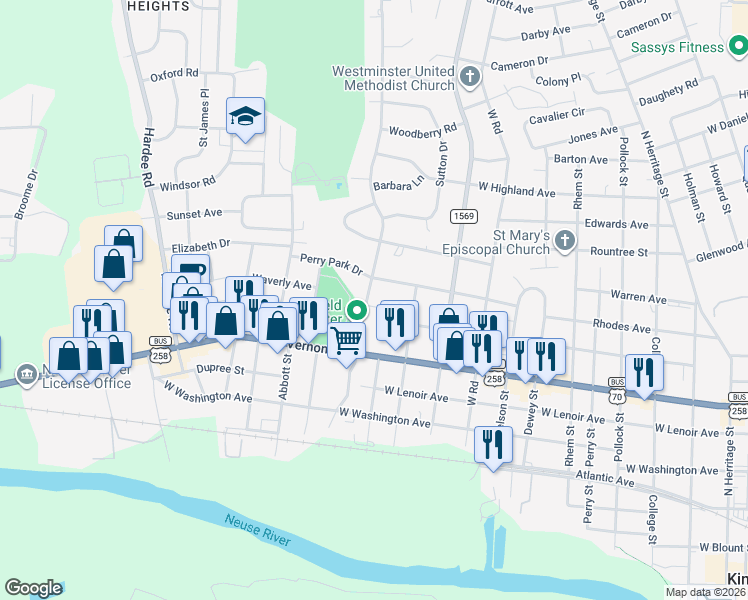 map of restaurants, bars, coffee shops, grocery stores, and more near 825 Greenbriar Road in Kinston